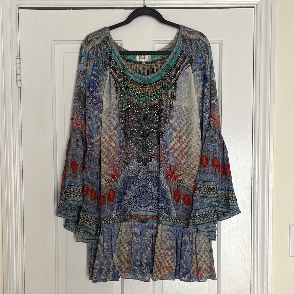 Camilla Multicolor Bohemian Mini Dress Crystal Embellishment Size S-M